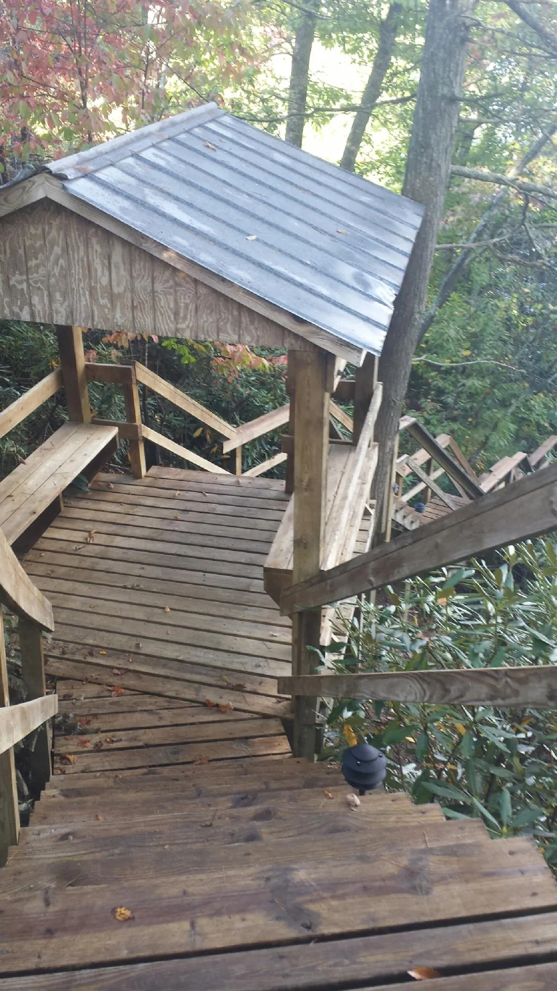 Metal roofed shelter over wooden steps on a wooded walkway — Skylight Repair & Installation work by our crew in Wilsons Mills